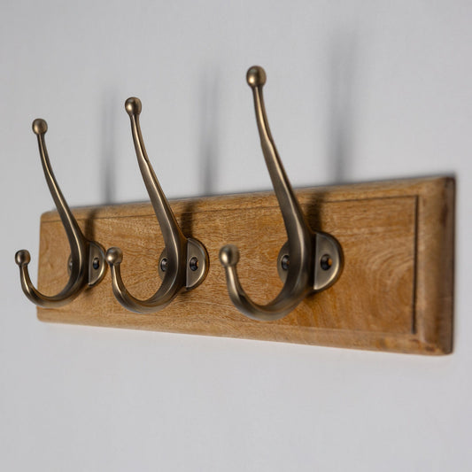 Wooden Hook Rack - 3 x Oval Coat Hook - Antique Brass Finish