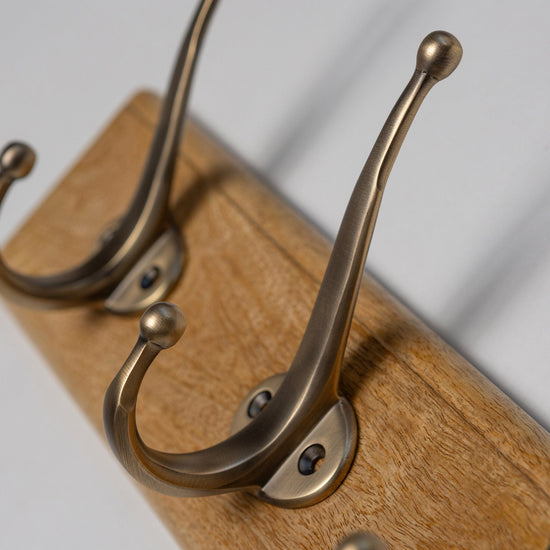 Wooden Hook Rack - 3 x Oval Coat Hook - Antique Brass Finish - Brass bee