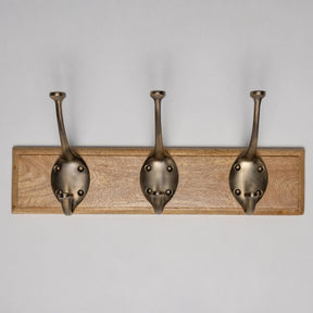 Wooden Hook Rack - 3 x Signature Coat Hook - Antique Brass Finish - Brass bee