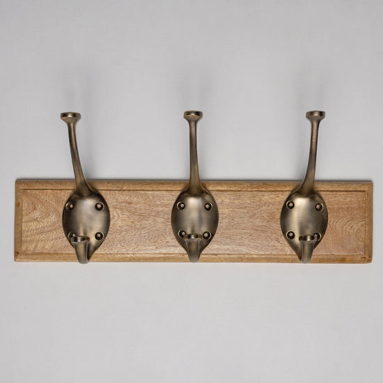 Wooden Hook Rack - 3 x Signature Coat Hook - Antique Brass Finish - Brass bee