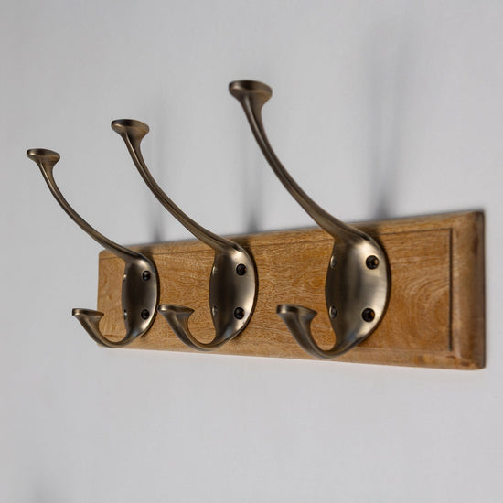Wooden Hook Rack - 3 x Signature Coat Hook - Antique Brass Finish - Brass bee