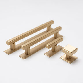 Solid Brass Art Deco Kitchen Pull Handles & Knobs with Backplates - Satin Brass Finish - Brass bee