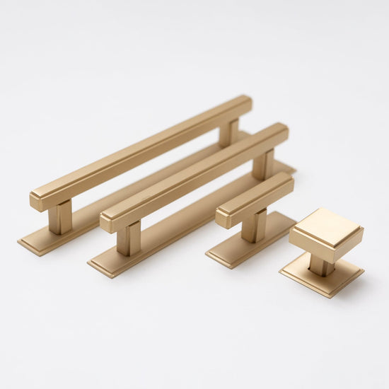 Solid Brass Art Deco Kitchen Pull Handles & Knobs with Backplates - Satin Brass Finish - Brass bee