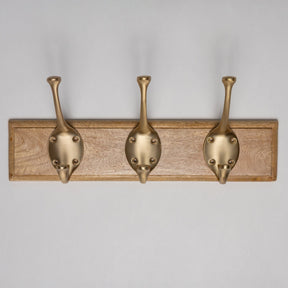 Wooden Hook Rack - 3 x Signature Coat Hook - Satin Brass Finish - Brass bee