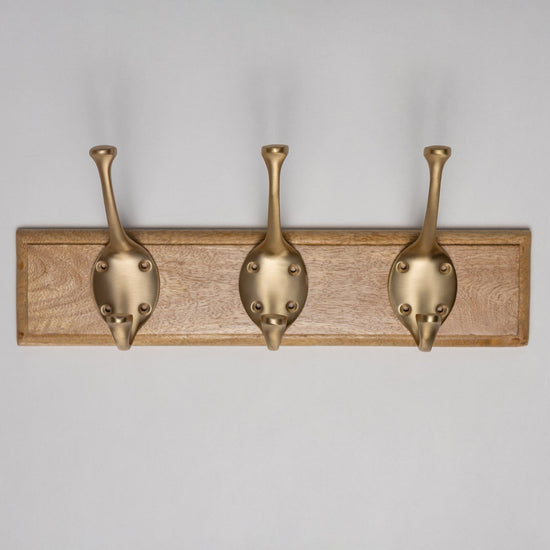 Wooden Hook Rack - 3 x Signature Coat Hook - Satin Brass Finish - Brass bee