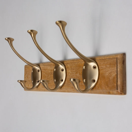 Wooden Hook Rack - 3 x Signature Coat Hook - Satin Brass Finish