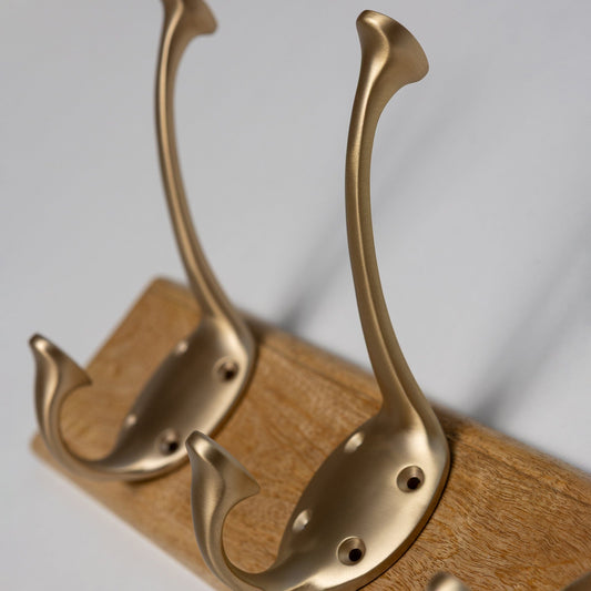 Wooden Hook Rack - 3 x Signature Coat Hook - Satin Brass Finish