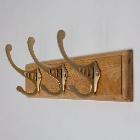 Wooden Hook Rack - 3 x Sunrise Coat Hook - Satin Brass Finish