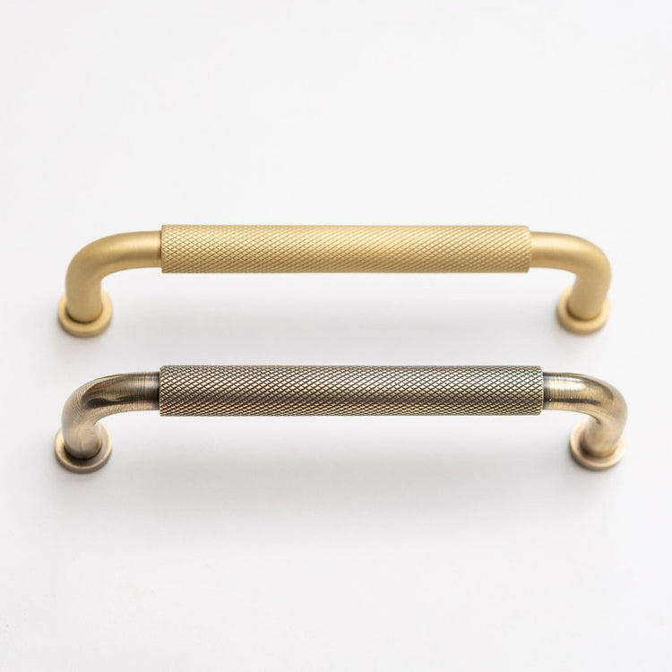 Solid Brass Curved Knurled Kitchen Pull Handles & Knobs