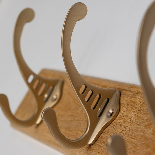 Wooden Hook Rack - 3 x Sunrise Coat Hook - Satin Brass Finish