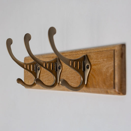 Wooden Hook Rack - 3 x Sunrise Coat Hook - Antique Brass Finish