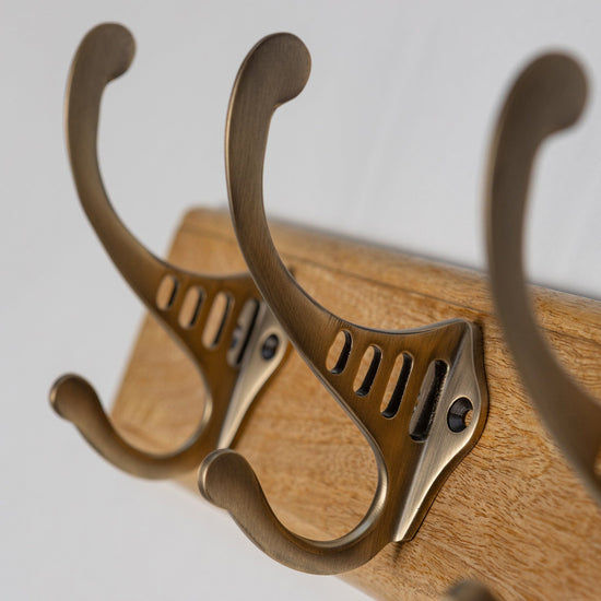 Wooden Hook Rack - 3 x Sunrise Coat Hook - Antique Brass Finish - Brass bee