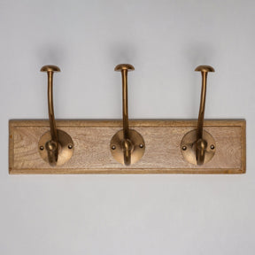 Wooden Hook Rack - 3 x Mushroom Coat Hook - Antique Brass Finish - Brass bee