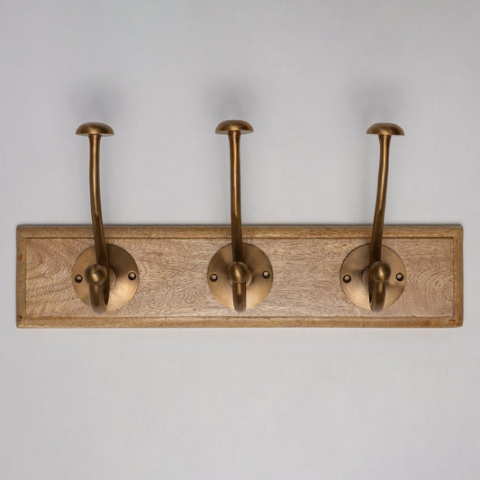 Wooden Hook Rack - 3 x Mushroom Coat Hook - Antique Brass Finish