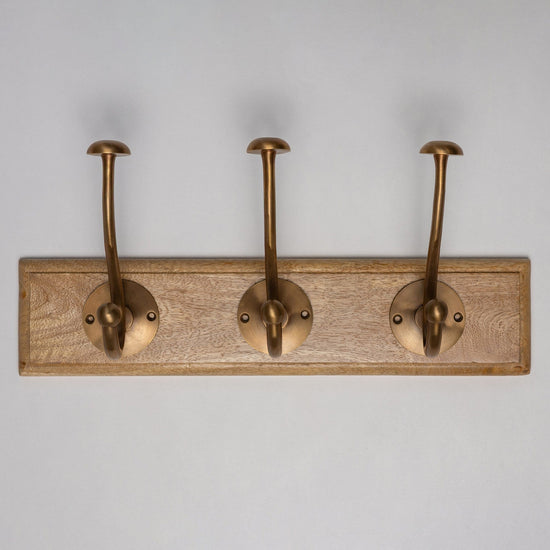 Wooden Hook Rack - 3 x Mushroom Coat Hook - Antique Brass Finish - Brass bee