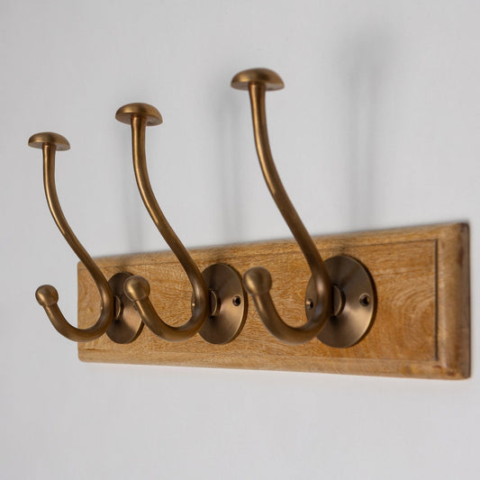 Wooden Hook Rack - 3 x Mushroom Coat Hook - Antique Brass Finish