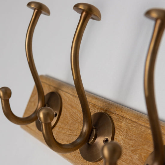 Wooden Hook Rack - 3 x Mushroom Coat Hook - Antique Brass Finish - Brass bee