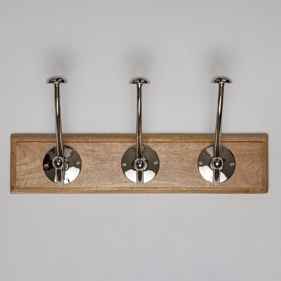 Wooden Hook Rack - 3 x Mushroom Coat Hook - Nickel Finish - Brass bee
