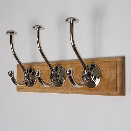 Wooden Hook Rack - 3 x Mushroom Coat Hook - Nickel Finish