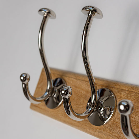 Wooden Hook Rack - 3 x Mushroom Coat Hook - Nickel Finish