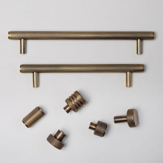 Solid Brass Knurled Kitchen Pull Handles & Knobs - Antique Brass