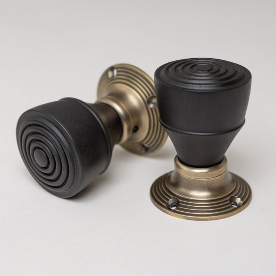 Ringed Door Knobs - Ebonised & Antique Brass (Pair) | Thumbturns & Latches - Brass bee
