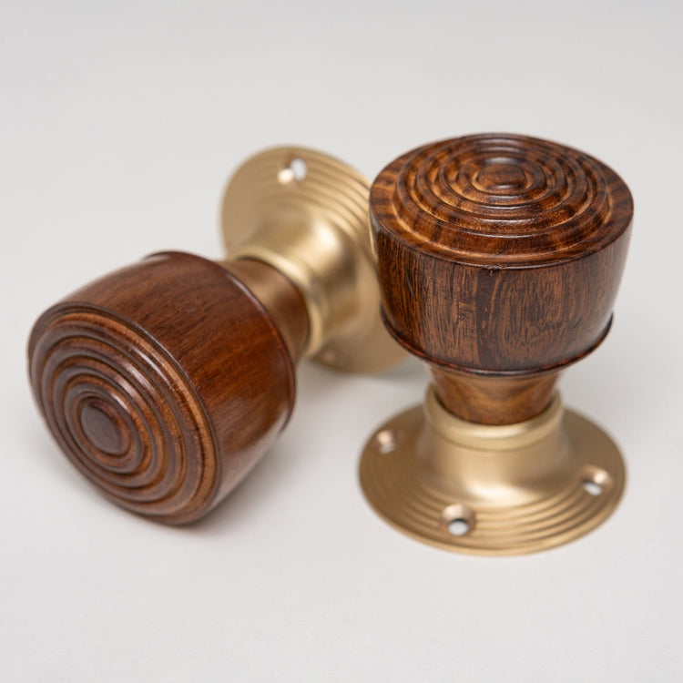Ringed Door Knobs - Rosewood & Satin Brass (Pair) | Thumbturns & Latches