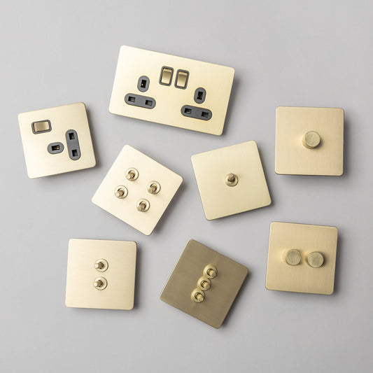 Satin Brass Switches and Sockets - Straight Knurled Design