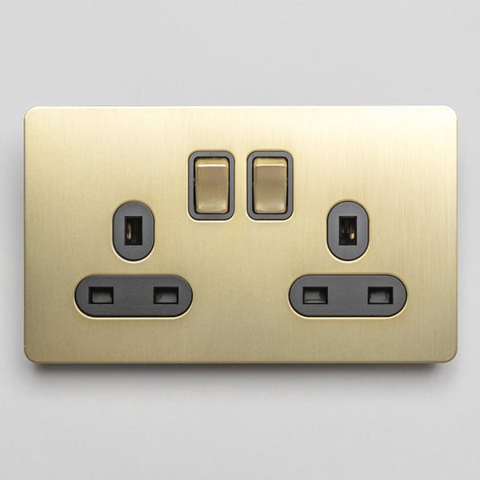 Double 13A Switched Socket in Satin Brass – Brass Bee