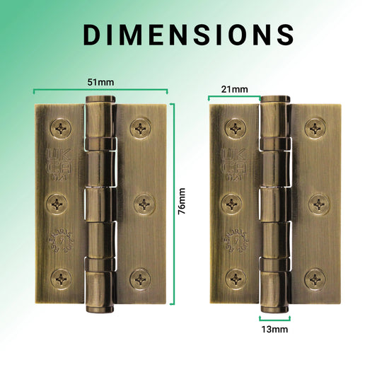 Antique Brass Fire Door Hinges - 3 Inch/76mm - Grade 7 Ball Bearing - Sold as a Pair - Brass bee