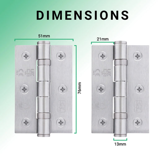 Satin Chrome Fire Door Hinges - 3 Inch/76mm - Grade 7 Ball Bearing - Sold as a Pair