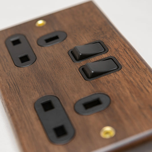 W-Series Double 13A Switched Socket in Black Walnut – Brass Bee