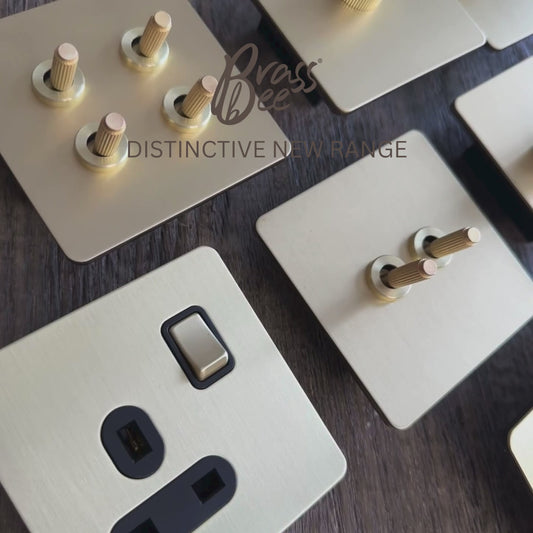 Satin Brass Switches and Sockets - Straight Knurled Design