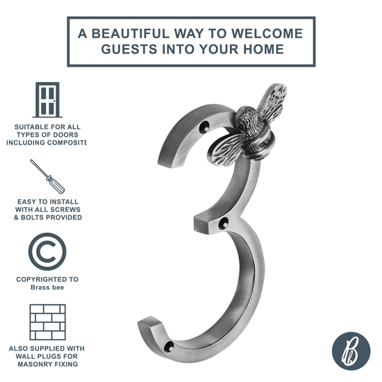 Brass bee Premium House Numbers with Bee in Pewter Finish 0-9 - Brass bee