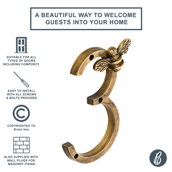 Brass bee Premium House Numbers with Bee in Heritage Finish 0-9 - Brass bee