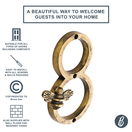 Brass bee Premium House Numbers with Bee in Heritage Finish 0-9 - Brass bee
