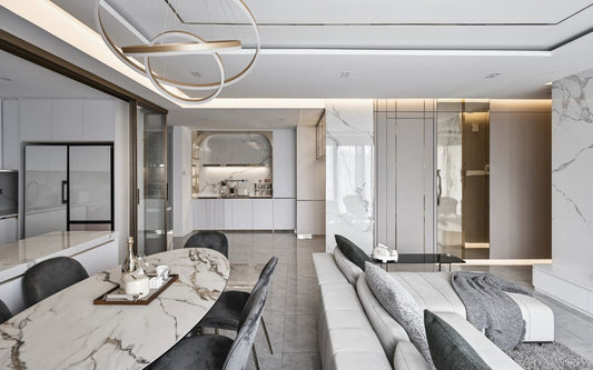 Modern interior design with sleek marble finishes, stylish furniture, and elegant lighting