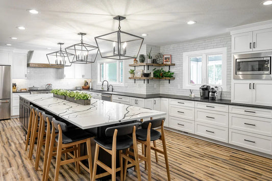 Modern kitchen fixtures, sleek countertops, and elegant cabinetry