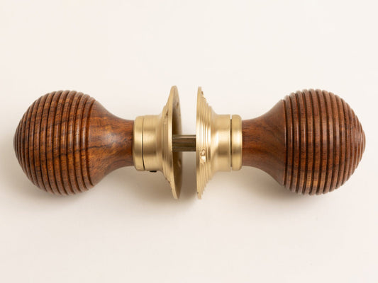 Beehive Door Knobs - Rosewood & Satin Brass (Pair) - Brass bee