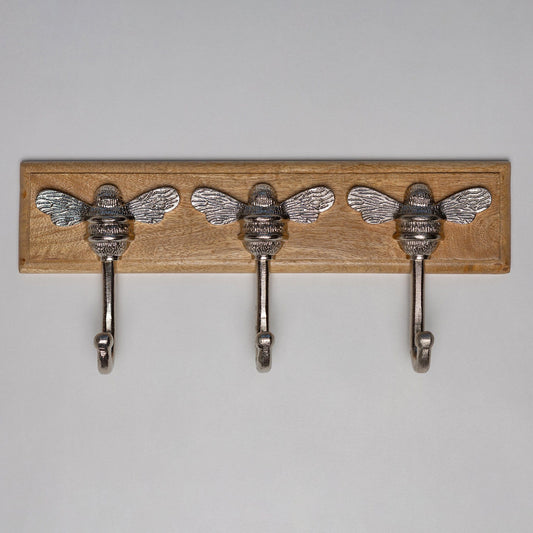 Wooden Hook Rack - 3 x Brass bee Coat Hook - Nickel Finish - Iron