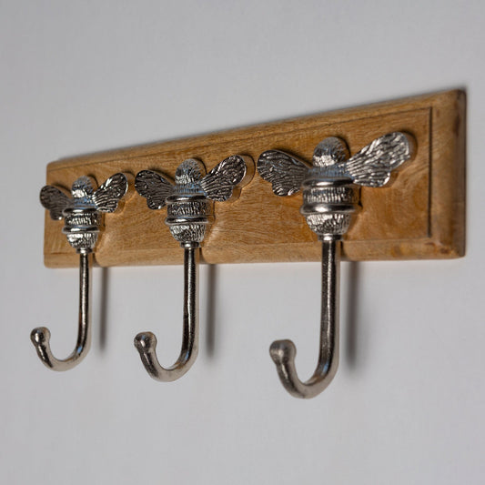 Wooden Hook Rack - 3 x Brass bee Coat Hook - Nickel Finish - Iron