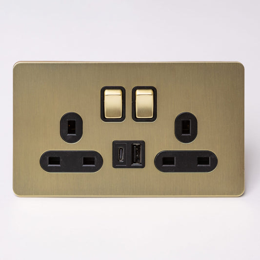 Double 13A Socket with USB A & C – Satin Brass