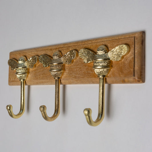 Wooden Hook Rack - 3 x Brass bee Coat Hook - Brass Finish - Iron