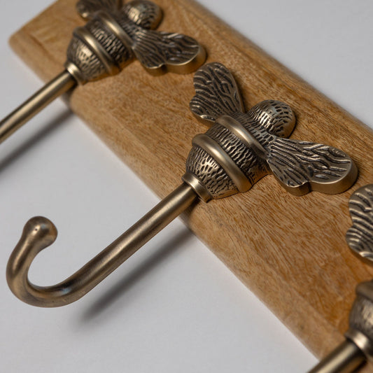 Wooden Hook Rack - 3 x Brass bee Coat Hook - Antique Brass Finish - Solid Brass