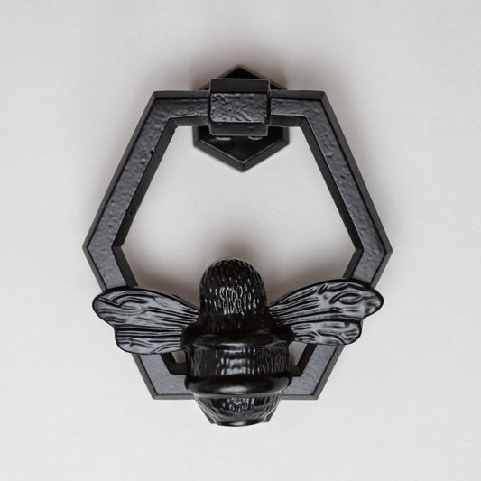 Brass Bumble Bee Honeycomb Door Knocker - Black Finish - Brass bee
