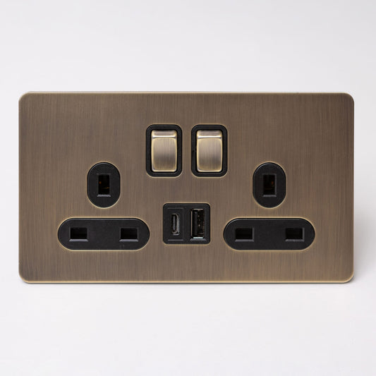 Double 13A Switched Socket with USB A & C – Antique Brass
