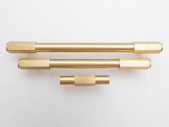 Solid Brass Kitchen Pull Handles with Hexagonal Ends - Satin Brass - Brass bee