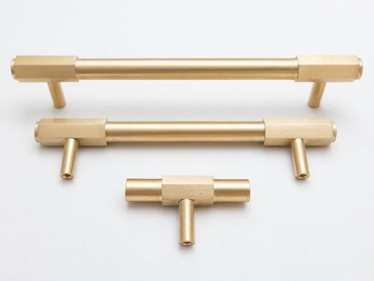 Solid Brass Kitchen Pull Handles with Hexagonal Ends - Satin Brass - Brass bee