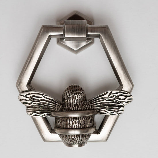 Brass Bumble Bee Honeycomb Door Knocker - Pewter Finish - Brass bee