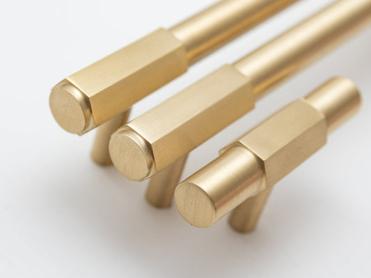 Solid Brass Kitchen Pull Handles with Hexagonal Ends - Satin Brass - Brass bee